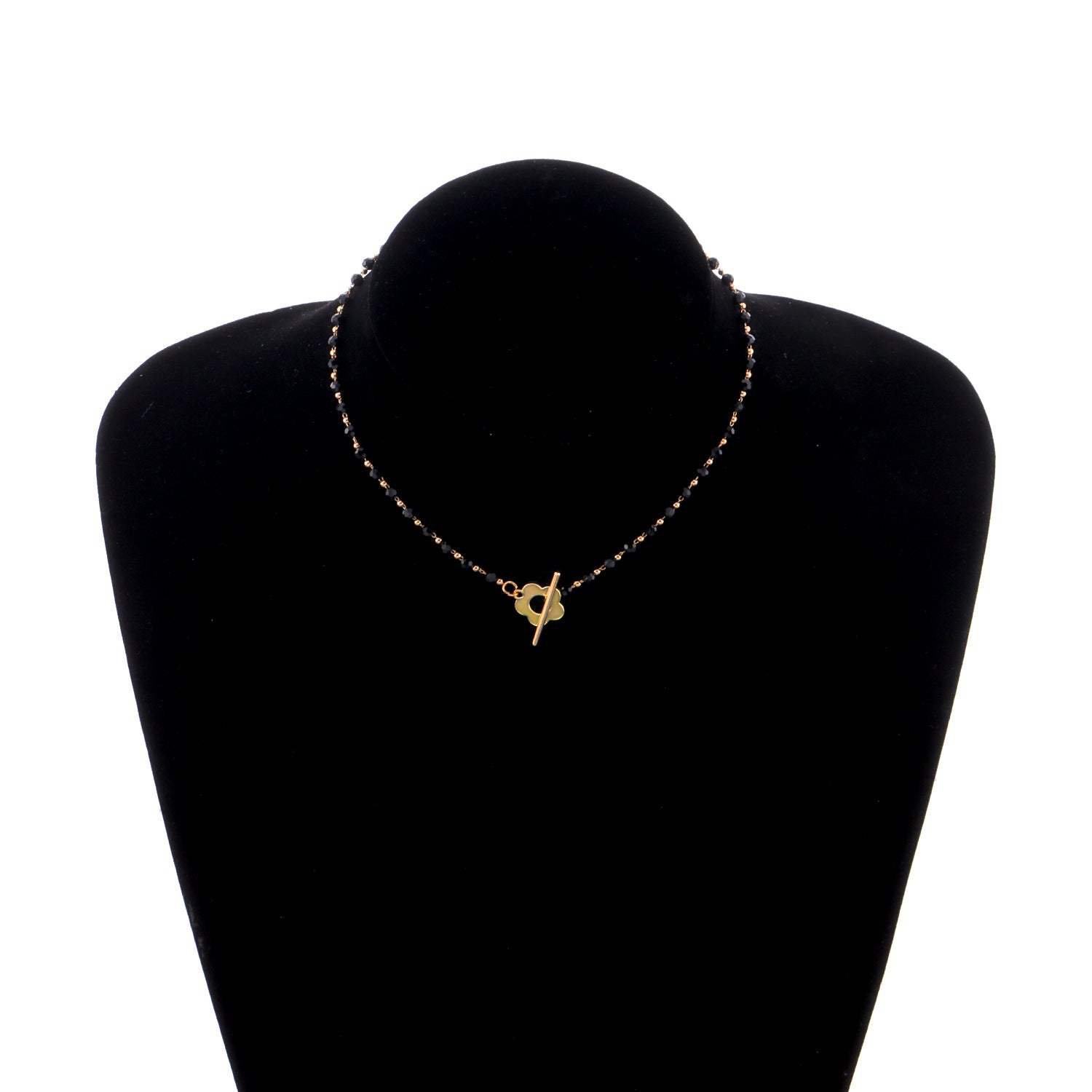Wholesale Black Crystal Glass Bead Chain OT Buckle Short Flower Alloy Necklaces